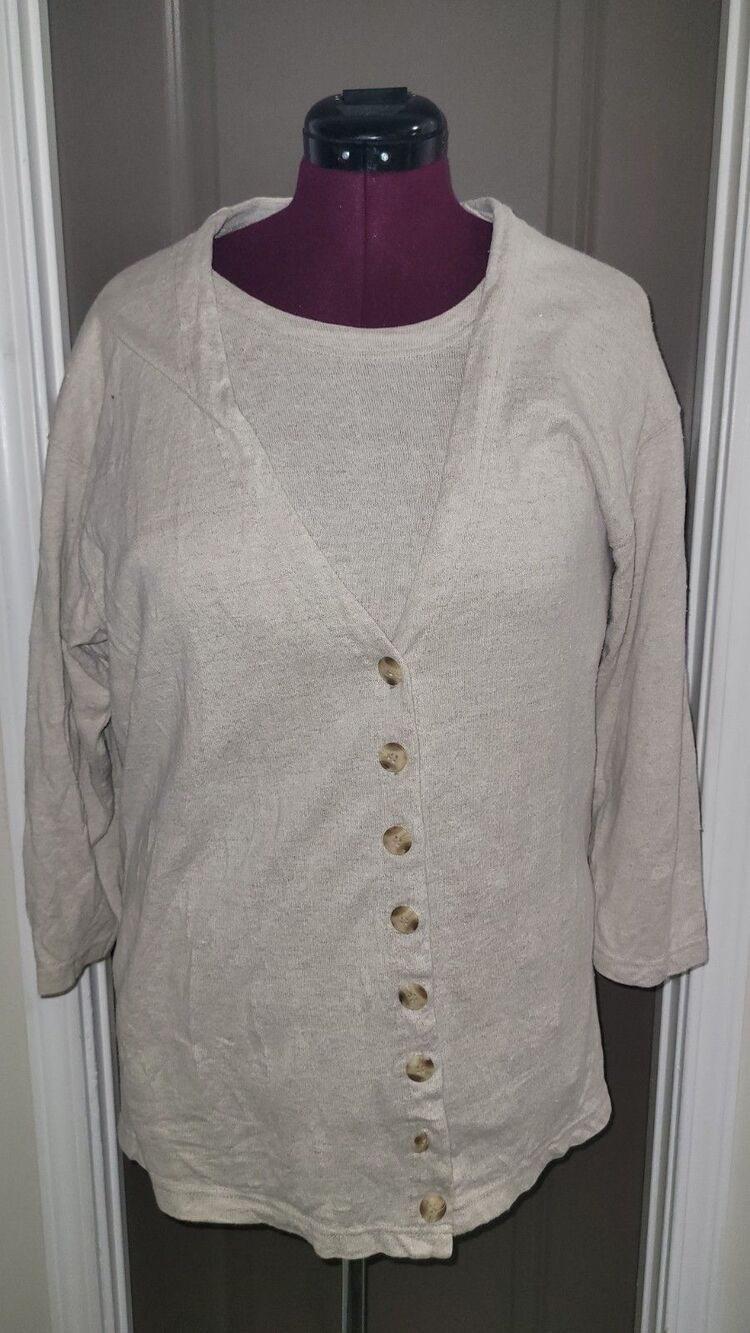 Linen Blend Twin Set Women's Size M Tank Cardigan Beige Lisa International